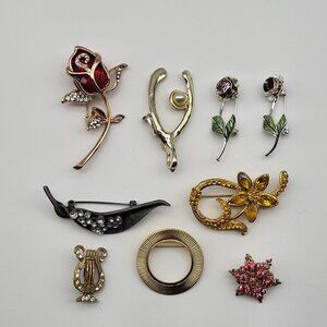 Lovely estate brooch pin collection flowers star rhinestone & more
